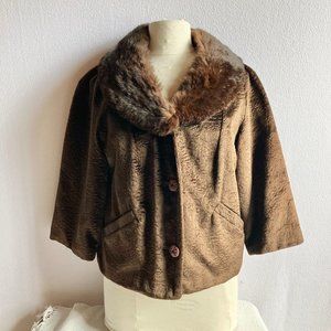 1950s 1960s Brown Faux Fur Boxy Jacket with Fur Collar